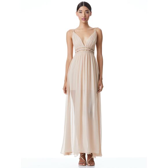 Alice and Olivia Rya Nude Silk Braided Cut Out Sheer Draped Maxi Dress size 10 - Picture 10 of 11